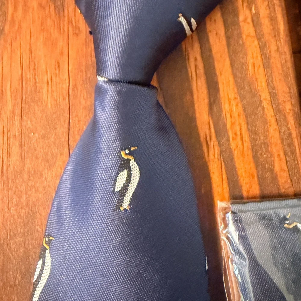 Boys (Kids) Navy Blue Tie with Penguin Design- 13 inch adjustable neck